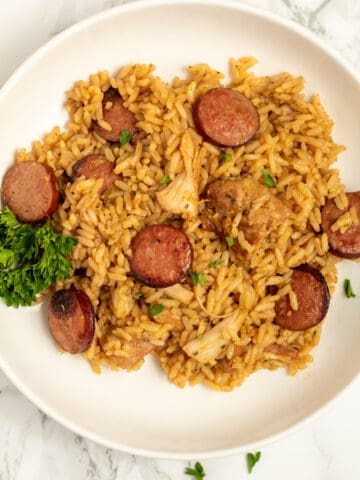 Overhead photo of Jambalaya in white dish